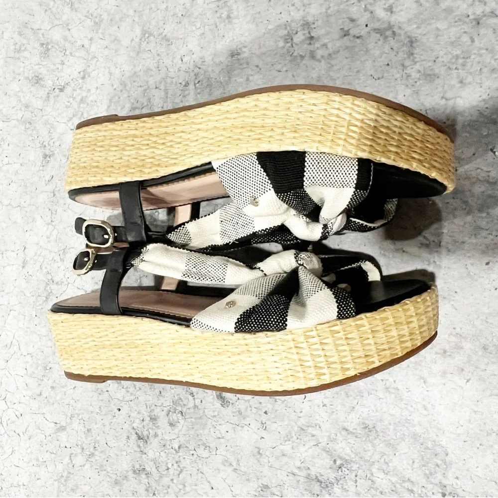 NEW Kate Spade Betsy Gingham Mixed Material Platform Sandal Black / Cream 7.5
